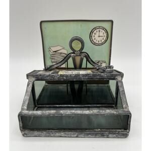 CARL GOELLER Handmade Stained Glass Business Card Holder 4” Desk Office Vintage